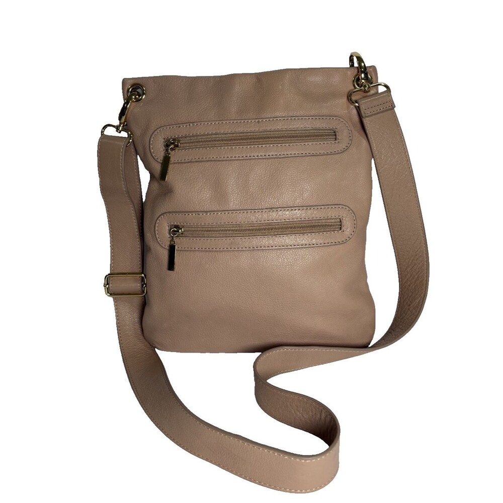 Margot New York Women's Mauve-Beige Leather Crossbody Bag Zipper Pockets